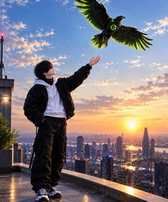 A young person in a black jacket and white hoodie stands on a rooftop at sunset, reaching out toward a glowing green raven with a circular emblem on its chest soaring against a golden sky above a city skyline, visually echoing the "Ravenhood" crypto project's branding.