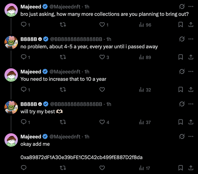 A Twitter/X thread shows a conversation between @Majeednft and @BB888888888888BB discussing NFT collection plans, ending with an 'okay add me' message and a wallet address (0xa89872dF1A30e39bFE1C5C42cb499fE887D2f8da).
