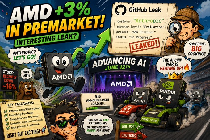 An illustrated graphic about AMD's stock rising 3% in premarket following a GitHub leak suggesting 'Anthropic' as the customer for an 'AMD Instinct' evaluation product, noting 'Advancing AI June 12th' and a 'chip war' comparison with NVIDIA and Intel.