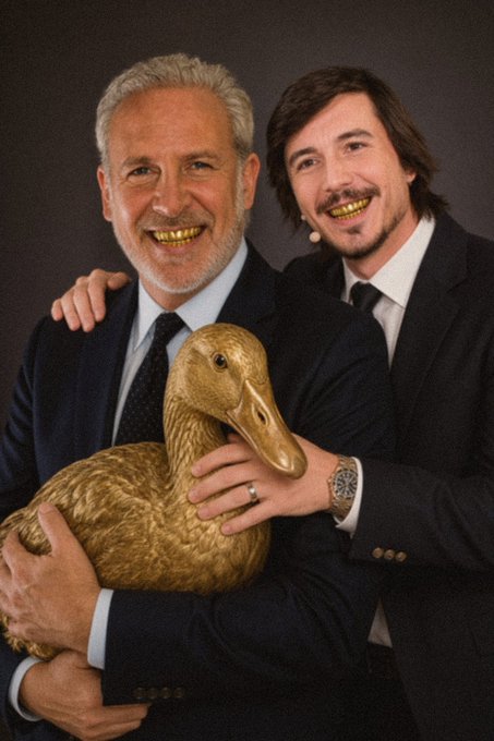 Two men in suits smile broadly with gold-painted teeth while proudly displaying a large golden duck sculpture, visually celebrating the post about receiving tokenized SPDR Gold Trust ($GG) shares as an airdrop.