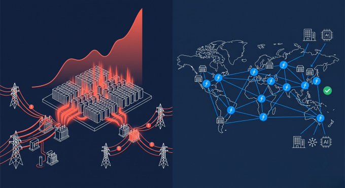 This split illustration contrasts two futures: on the left, red servers, power grids, and surging energy consumption depict the escalating electricity demands of AI data centers; on the right, a globe with interconnected nodes represents Filecoin's distributed storage network operating globally. The visual reinforces the post's message by showing the heavy energy burden of traditional AI infrastructure on one side and Filecoin's already-operating, lower-energy decentralized storage model on the other.
