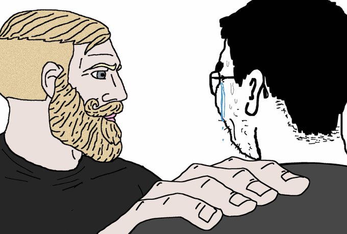 A cartoon illustration showing a blonde bearded man facing a dark-haired bearded man who is crying a single blue tear, with a hand extended between them.