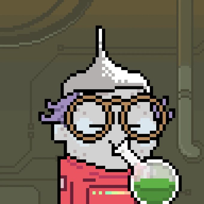 A pixel art character with a white pointed head, goggles, and a red outfit holds a green ball against an industrial green background.