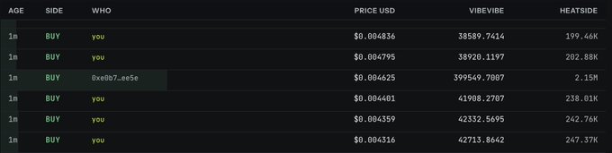 A crypto transaction history showing multiple BUY orders by user 'you' and '0xe007...ee5e' with increasing VIBEVIBE token amounts (heatside).