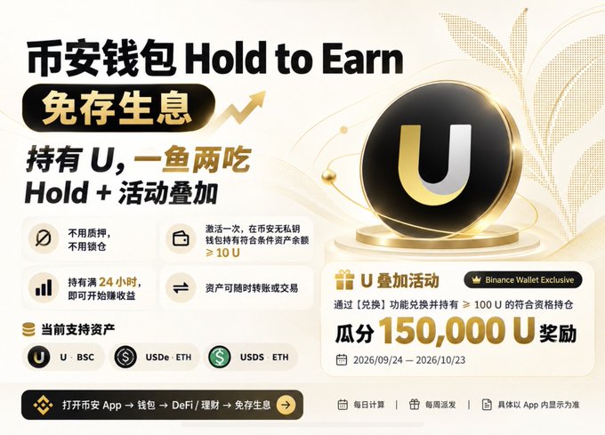 Promotional banner for Binance Wallet 'Hold to Earn' feature in Chinese, advertising no-interest savings with U token holdings and a 150,000 U reward giveaway running from 2026/09/24 to 2026/10/23.