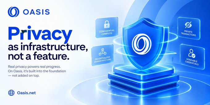 A promotional graphic for Oasis (Oasis.net) with the headline 'Privacy as infrastructure, not a feature,' highlighting features like confidential compute, decentralized infrastructure, private transactions, and verifiable credentials.