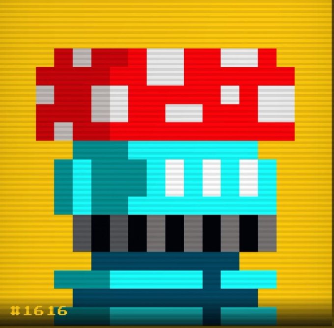 A pixel art illustration of a red mushroom with a teal stem on a yellow background, labeled "#1616" in the corner.