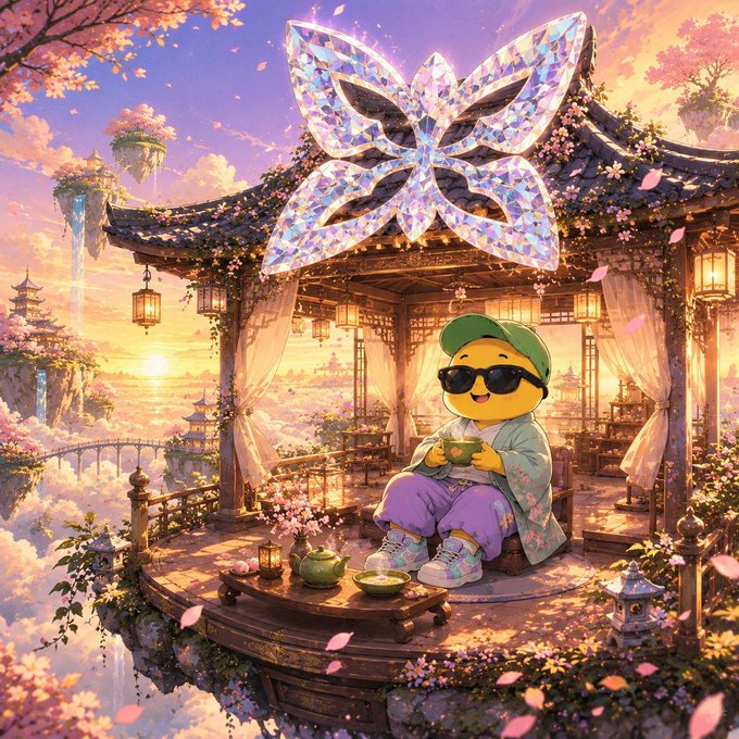 A fantasy illustration of a yellow smiley face character wearing sunglasses, a green cap, and casual clothes, holding a teacup in a Japanese-style pavilion above the clouds with a large crystal butterfly.