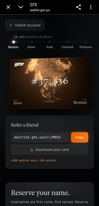 A screenshot of a waitlist page for 'gte' at waitlist.gte.xyz, showing rank #37,436, a Bronze tier progress bar, and a referral link.