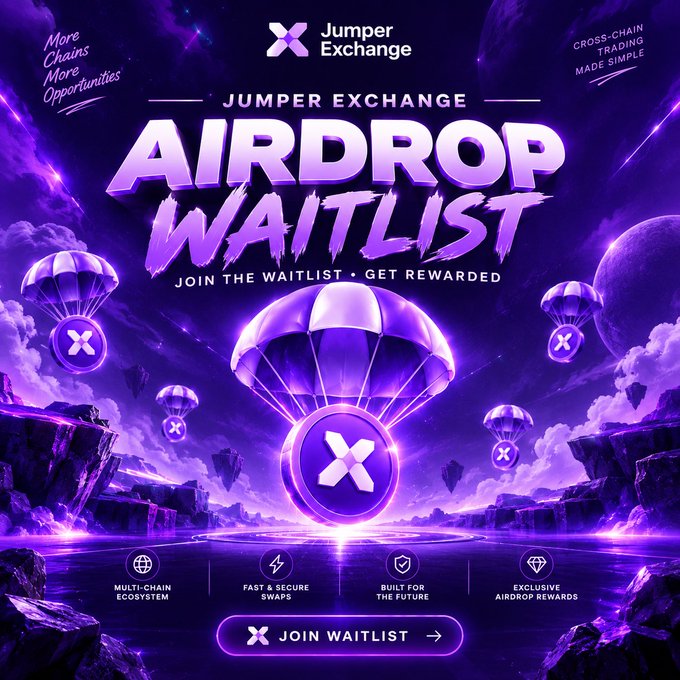 A purple-themed promotional poster for Jumper Exchange advertising an 'AIRDROP WAITLIST' with parachutes carrying the 'X' logo.