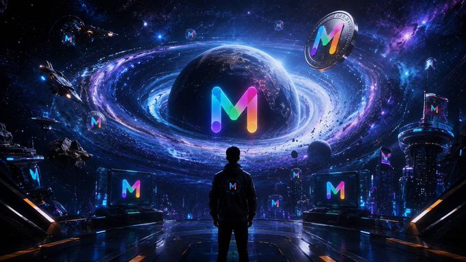 A sci-fi illustration of a silhouetted figure standing before a glowing planet and portal, surrounded by screens and floating coins displaying a colorful "M" logo, evoking a futuristic crypto-themed metaverse.