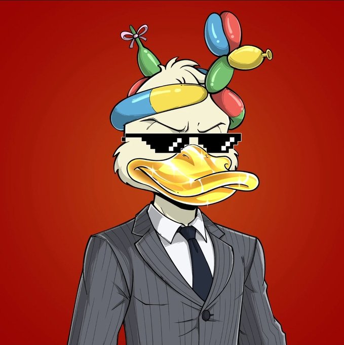 A cartoon illustration of a duck wearing a pinstripe suit and pixelated sunglasses, with party balloons attached to its head against a red background.