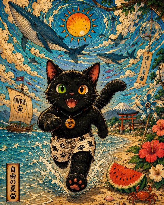 A Japanese ukiyo-e style illustration features a smiling black cat with heterochromia wearing shorts, running on a beach with a whale, a sailing ship, Mt. Fuji, and text including "IWRU", "涼しい夏", and "自由の夏".