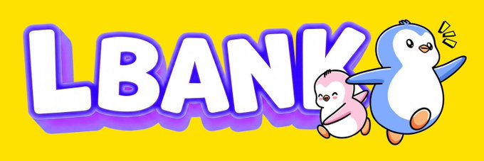 A logo for "LBANK" displayed in bold white and purple letters on a yellow background, accompanied by two cartoon penguin characters.