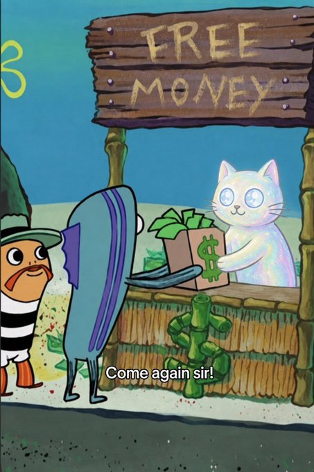 A scene from SpongeBob SquarePants shows a fish customer at a "FREE MONEY" stand run by a cat, who hands over a bag with a dollar sign while saying "Come again sir!" The post's "cash back coins >" likely refers to this absurd image as a visual metaphor for financial deals that sound too good to be true—like getting free money in exchange for something of lesser value.