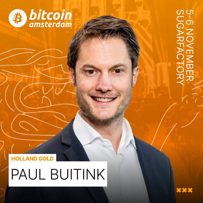 A promotional image for Bitcoin Amsterdam featuring Paul Buitink from Holland Gold, scheduled for 5-6 November at SugarFactory.