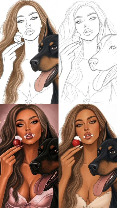 The picture shows four artistic variations of a woman holding a strawberry with a Doberman dog beside her, displayed in both colored and sketch styles, fitting the playful theme of "A Bite Before Midnight."