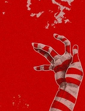 A red-tinted illustration shows a hand with bandaged fingers reaching upward against a blood-red background with abstract white markings. The bandaged, grasping hand reaching toward the top of the frame visually echoes the post's theme of "fingertips brushing hope"—suggesting someone injured yet still straining toward an unseen, anticipated arrival descending upon the town.