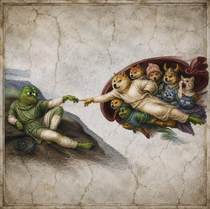 Artistic parody of Michelangelo's 'Creation of Adam' fresco reimagined with internet meme characters, featuring Pepe the Frog as Adam and various Shiba Inu dogs, Hatsune Miku, and other meme figures replacing the angels and God.