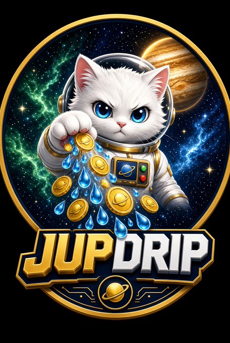 A circular logo features a white cat in an astronaut suit reaching forward with gold coins and water droplets, set against a space background with Jupiter, labeled 'JUPDRIP'.
