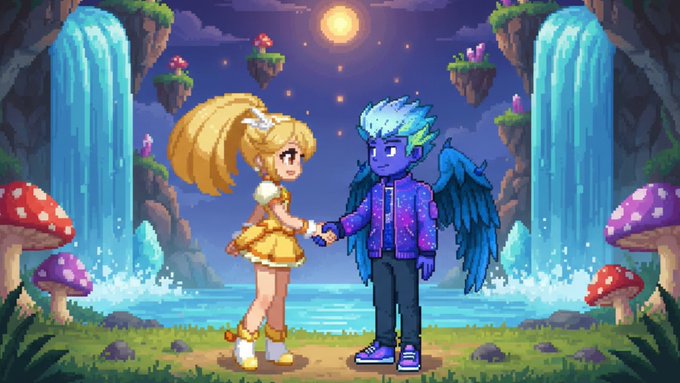 A pixel-art image shows a blonde girl in a yellow dress holding hands with a blue winged character in a purple hoodie, set against a magical fantasy backdrop featuring waterfalls, mushrooms, floating islands, and a glowing moon. The whimsical, fairytale-style artwork complements the PIXY NFT Collection announcement, illustrating the kind of charming, collectible characters that the 3,333-piece collection will feature when it launches on July 7 at 12:00 PM UTC.