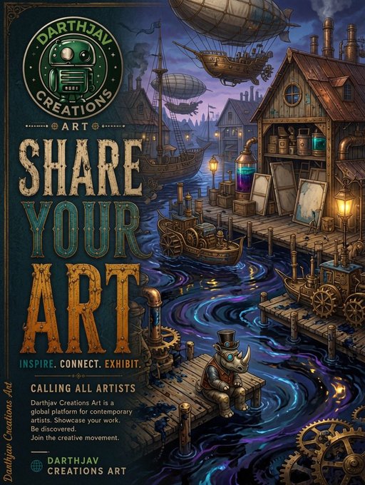 A promotional poster for 'Darthjav Creations Art' featuring a steampunk-style waterfront scene with airships, boats, a rhinoceros in a top hat, and text reading 'SHARE YOUR ART' and 'CALLING ALL ARTISTS'.