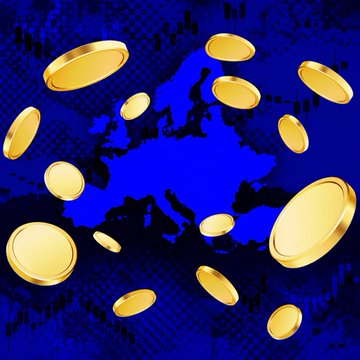 Gold coins float against a stylized blue map of Europe, visually representing the EU's addition of HTX and 13 other crypto platforms to its Russia sanctions list, which bars EU operators from transacting with the exchange beginning August 23.
