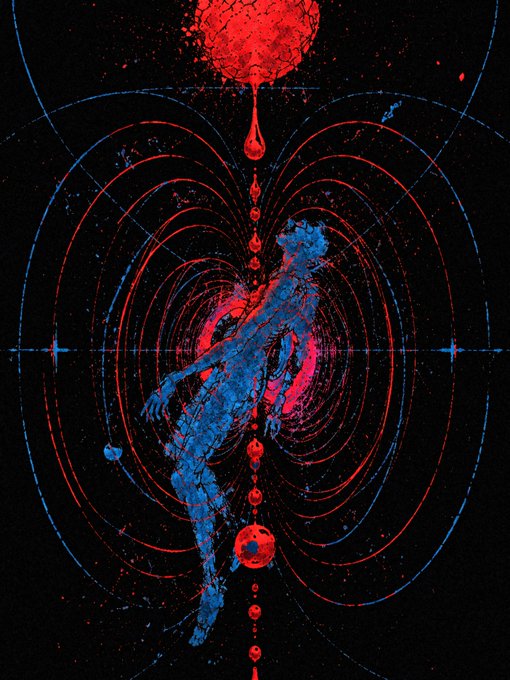 A cosmic abstract artwork features a blue humanoid figure standing within red circular wave patterns against a dark starry background, with a red celestial body dripping above.