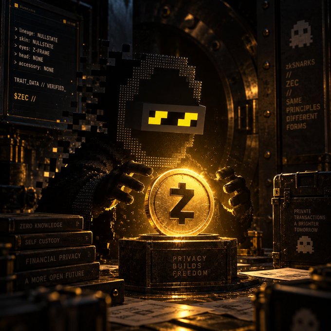 A pixelated Minecraft-style character wearing sunglasses holds a glowing gold Zcash (ZEC) coin on a pedestal labeled 'PRIVACY BUILDS FREEDOM', surrounded by elements referencing zero knowledge, self custody, and zkSNARKs.