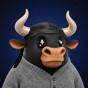 A stylized 3D-rendered bull character wearing a black beanie and gray cardigan, featuring shiny star-shaped eyes against a dark blue background.