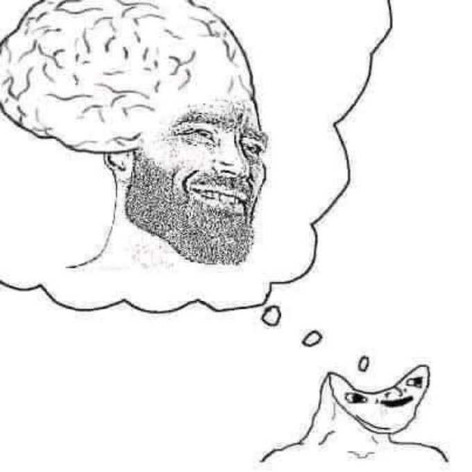 A black and white drawing showing a man thinking about a brain, but his brain itself is also thinking about another smaller brain in a recursive meme format.