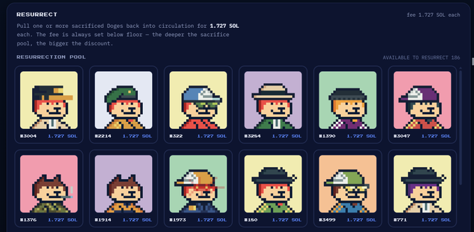 A digital marketplace interface titled 'RESURRECT' showing pixel art characters priced at 1.727 SOL each, with a resurrection pool of 12 available NFTs to bring back into circulation.