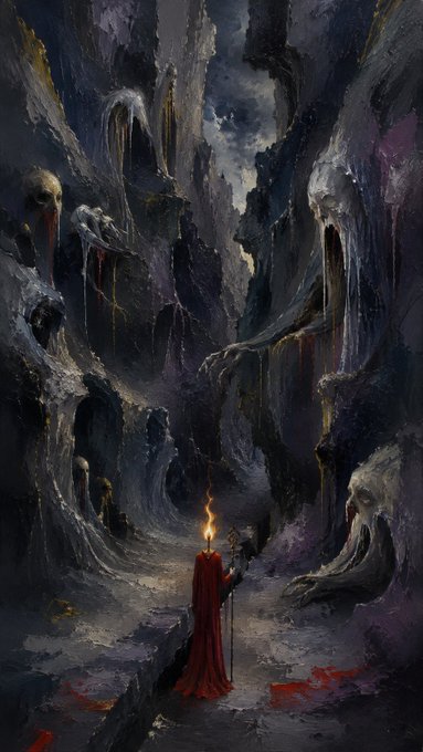 A dark fantasy painting depicting a lone figure in a red cloak holding a torch in a cavernous, fleshy environment with skull-like formations dripping blood.