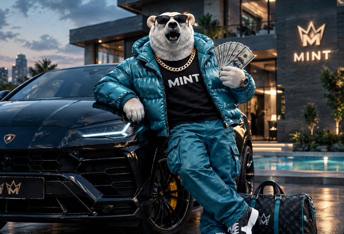 An anthropomorphic white bear wearing sunglasses, a blue puffer jacket, and a black 'MINT' t-shirt stands by a black car, holding a fan of cash.