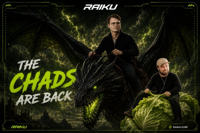 The image is a dramatic fantasy-style promotional graphic for Raiku featuring two men—one riding a dragon and another sitting on a large cabbage—with the bold text "THE CHADS ARE BACK" and "RAIKU" branding, visually emphasizing the post's announcement about the revival and expansion of the "CHAD" role within the Raiku community.