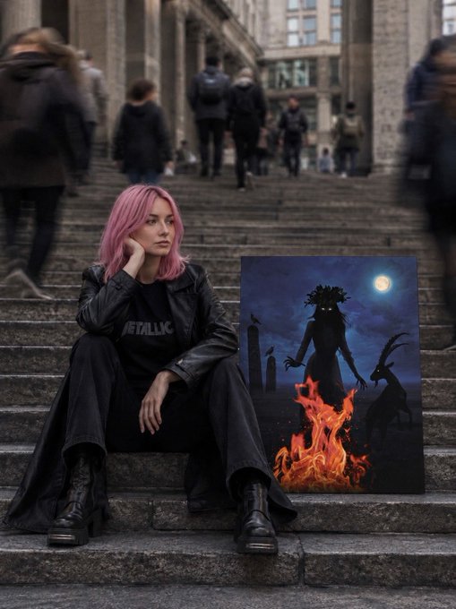 A young woman with pink hair wearing a black Metallica shirt and leather jacket sits on stone stairs next to a dark painting of silhouettes by a fire.