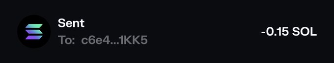 A dark-themed interface shows a completed transaction notification reading "Sent" to "c6e4...1KK5" for "-0.15 SOL," confirming the transfer of 0.15 Solana to user @z1sh4rn as part of a giveaway-style post inviting engagement ("Like + Done") for the next recipient.