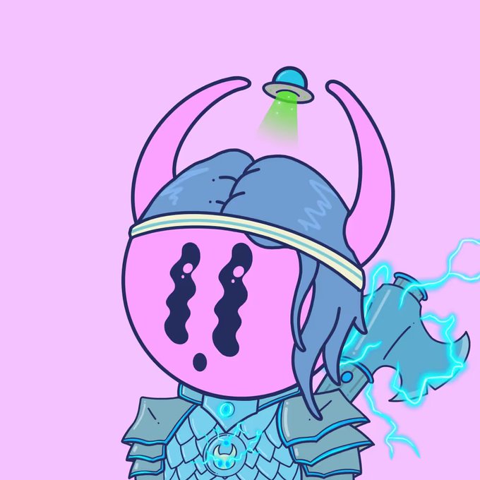 A digital illustration of a pink-skinned character with horn-like protrusions, a glowing UFO over their head, and lightning emanating from a device on their back, set against a pink background.