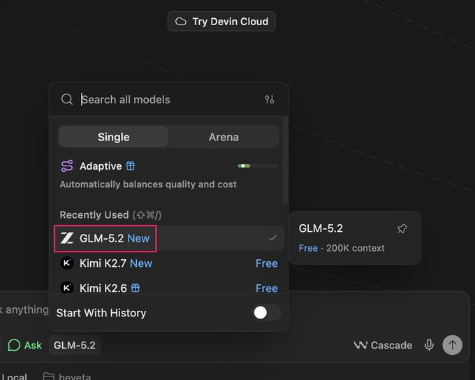 The image shows a computer screen displaying a search bar, where Devin Cloud's name appears at the top left corner. The search bar has several options for searching, including "GLM-5.2", "GLM-5.2 New", "GLM-5.2 Free Context", and "GLM-5.2 Context". The image also contains a screenshot of a webpage that says "Devin Pro users are reporting unlimited GLM-5.2 access with 200K context."