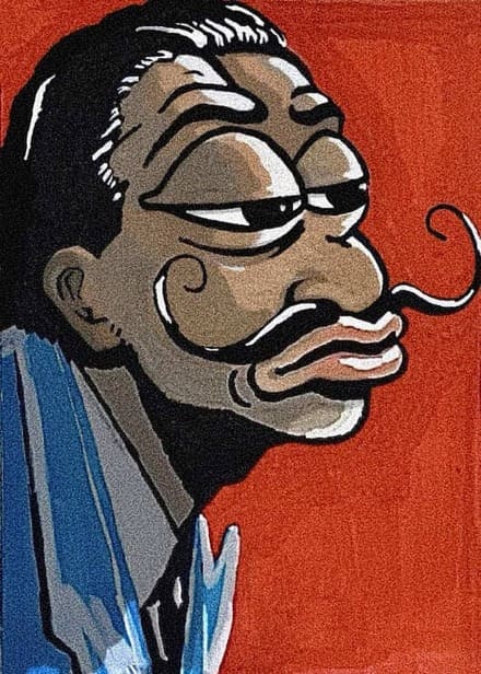 A stylized cartoon illustration shows a dark-skinned man with slicked-back hair, a curled mustache, and squinted eyes against a bright red background, wearing a blue garment.