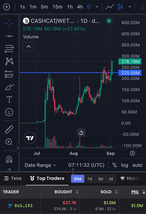 A cryptocurrency trading chart for CASHCAT/WET token showing a 30-day price increase of 27.85% to 276.19M, with a 'Top Traders' panel below.