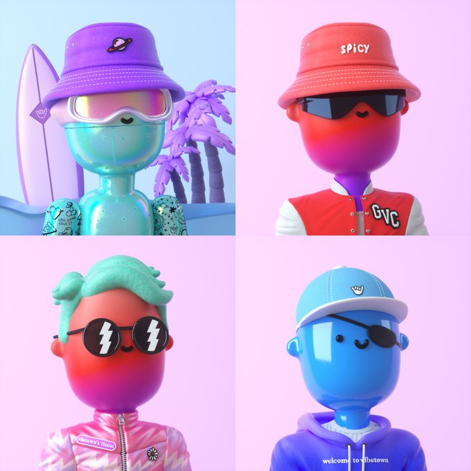 A four-panel grid displaying 3D-rendered, colorful character figures with simple smiling faces, each styled with different streetwear including a purple bucket hat, a red bucket hat labeled 'SPICY', lightning-bolt sunglasses, and an eye patch.