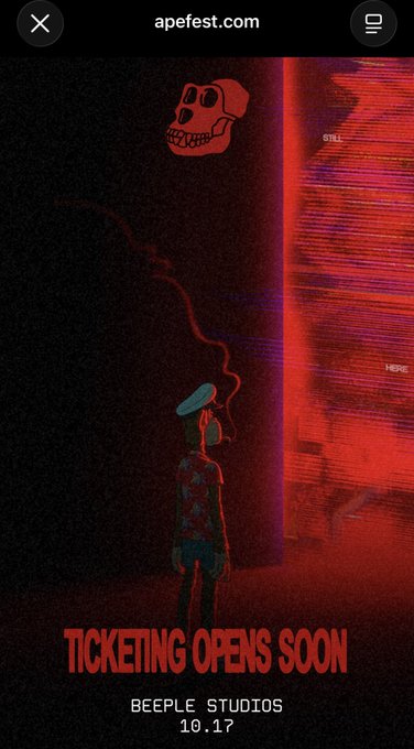 A promotional poster for 'apefest.com' by Beeple Studios dated 10.17, featuring a red skull logo, a character smoking, and text reading 'TICKETING OPENS SOON.'