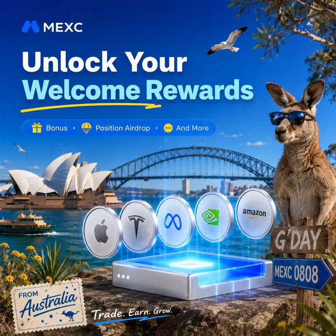 MEXC cryptocurrency exchange advertisement with 'Unlock Your Welcome Rewards' featuring a kangaroo in sunglasses, Sydney Opera House and Harbour Bridge in the background, and logos for Apple, Tesla, Meta, NVIDIA, and Amazon.