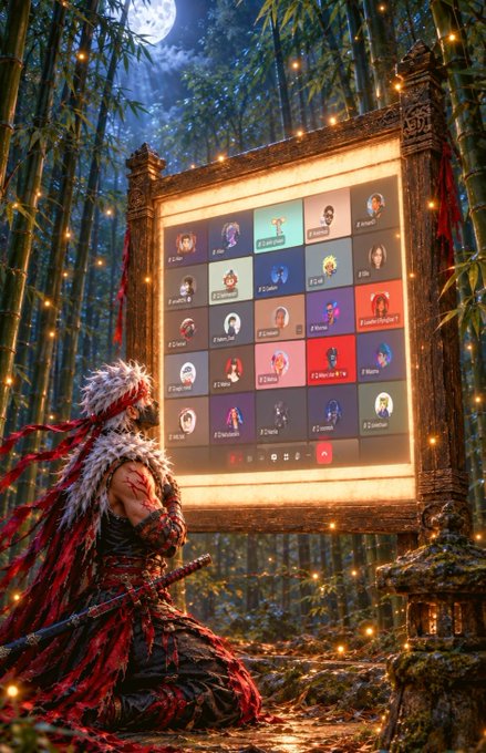 A digital artwork of a samurai kneeling in a bamboo forest at night, looking up at a large illuminated screen displaying video call participants.