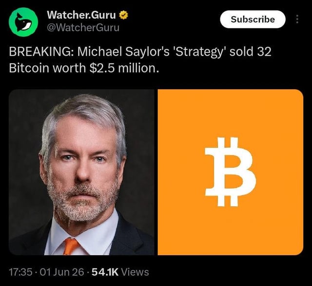 The image features a man with a beard wearing an orange tie and glasses, holding a sign that says "BREAKING". There's a caption in black text below him, which reads, "Strategy just sold 32 BTC for $2.5 million at ~$77,135 each. But why???". The main message of the image seems to be related to cryptocurrency trading or bitcoin sales and market trends.