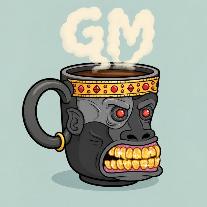 An illustrated cartoon of a dark gray ornate mug shaped like a goblin's head with red eyes, gold teeth, and a gold band, with steam forming letters 'GM' above it.