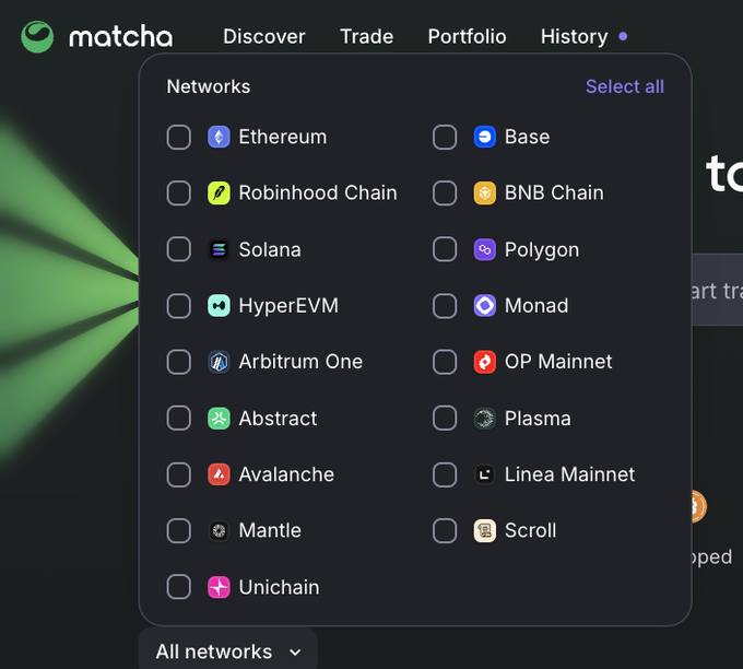 The image displays a network selection menu on the Matcha platform, featuring 17 blockchain options including Ethereum, Base, Robinhood Chain, BNB Chain, Solana, Polygon, HyperEVM, Monad, Arbitrum One, OP Mainnet, Abstract, Plasma, Avalanche, Linea Mainnet, Mantle, Scroll, and Unichain, aligning with the post asking users to suggest the next chain to be added.