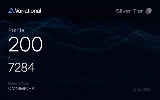 A Variational loyalty dashboard showing 200 Points, Rank 7284, Silver Tier status, and a referral code 'OMNIMICHA'.