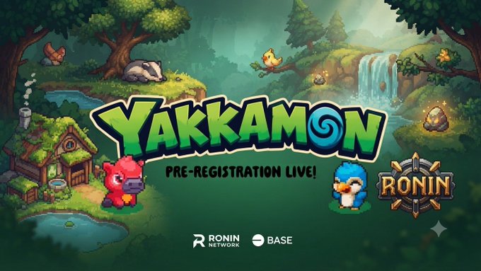 Promotional banner for 'YAKKAMON' displaying 'PRE-REGISTRATION LIVE!' with a red and a blue creature character, set against a forest background, and logos for 'RONIN' and 'BASE' at the bottom.